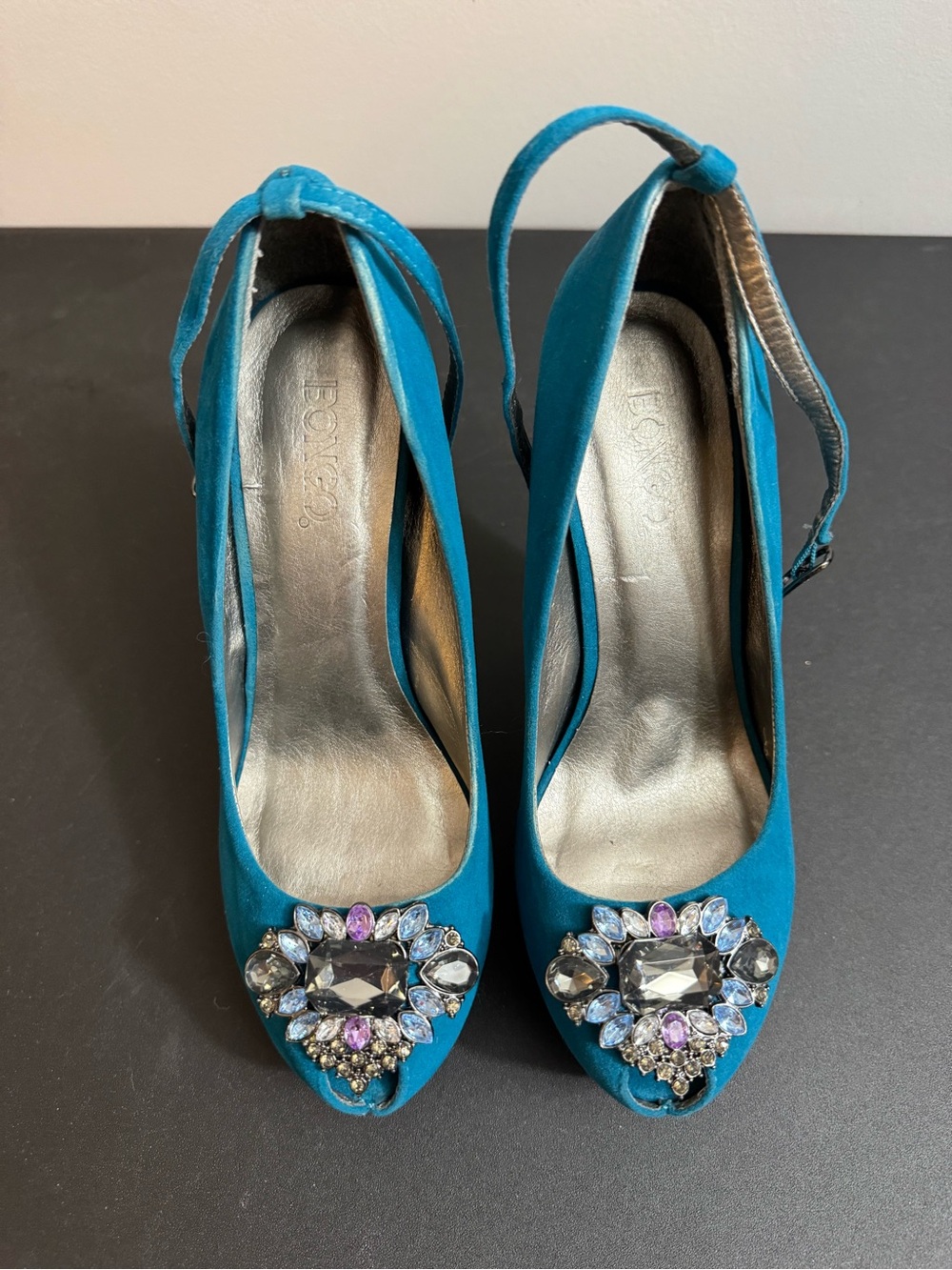 BONGO Teal Gemstone Peep-Toe Slingback Heels